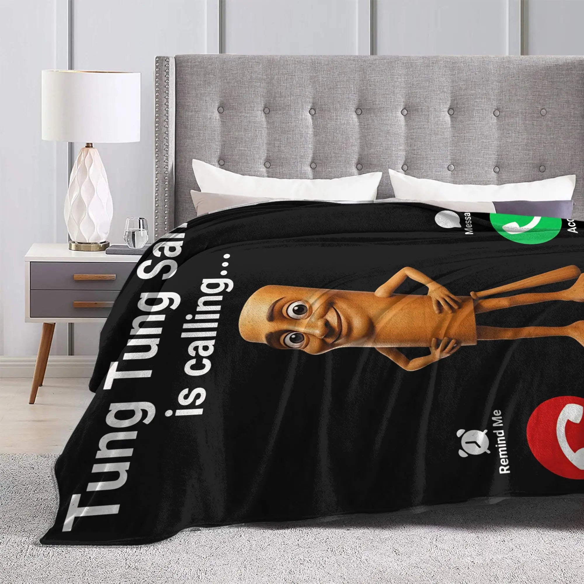 Tung Sahur Is Calling Funny Fishing Brainrot Meme Blanket Warm Plush Throw Blanket For Students Bed Flannel Bedspread Bed Cover