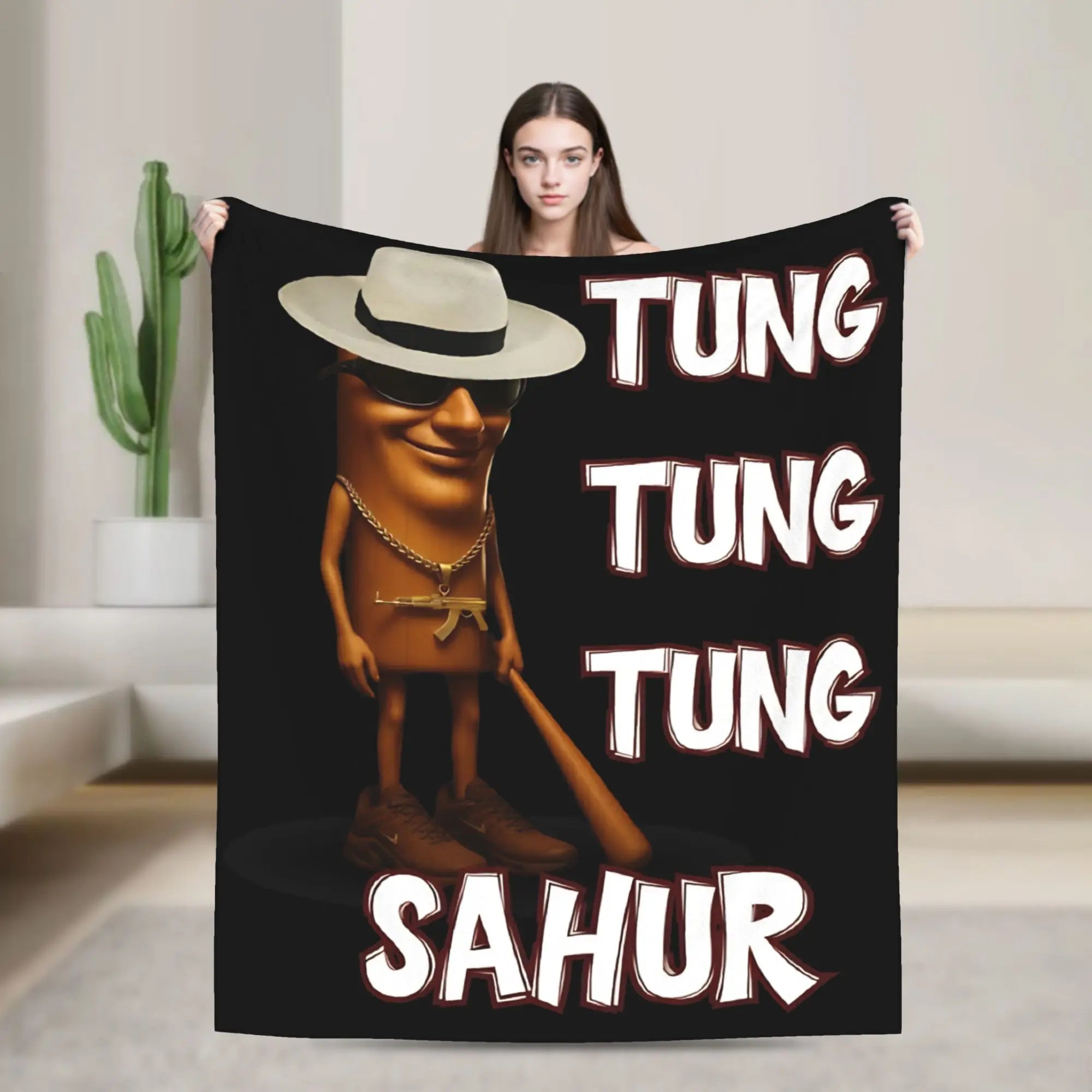 Tung Sahur Is Calling Funny Fishing Brainrot Meme Blanket Warm Plush Throw Blanket For Students Bed Flannel Bedspread Bed Cover