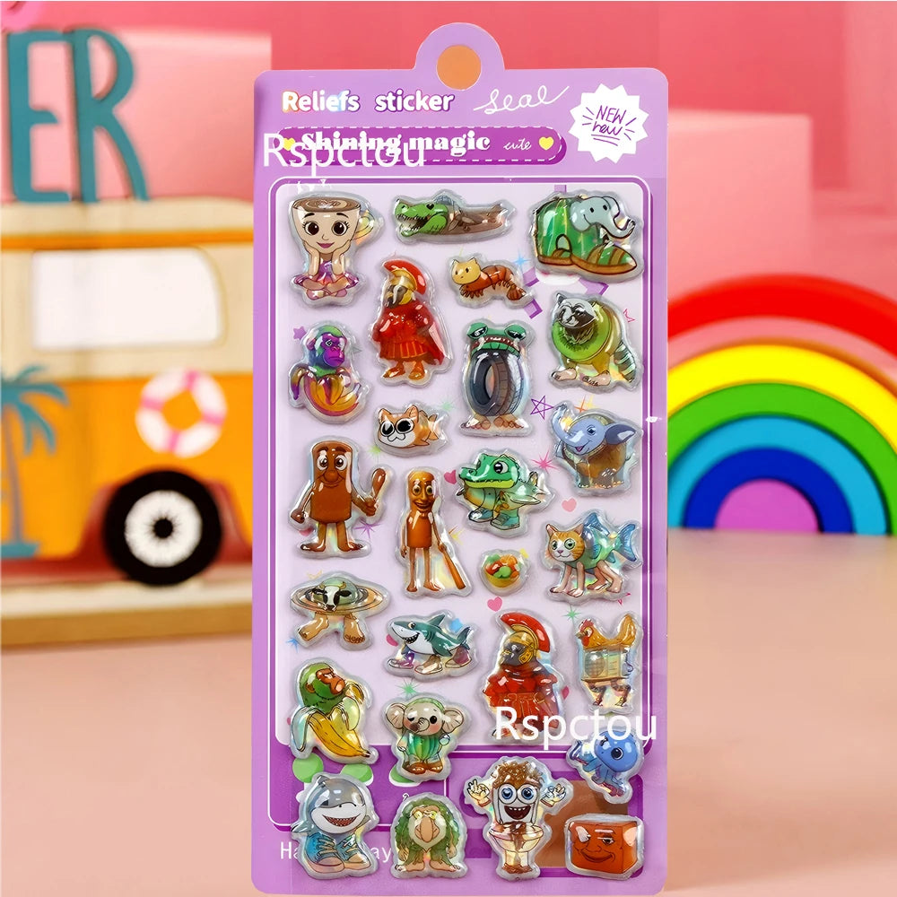 4pcs Italian Brainrot 3D Relief Stickers Tung Tung Tung Sahur Funny Animal Bubble Decals Phone Case Laptop Decoration Sticker