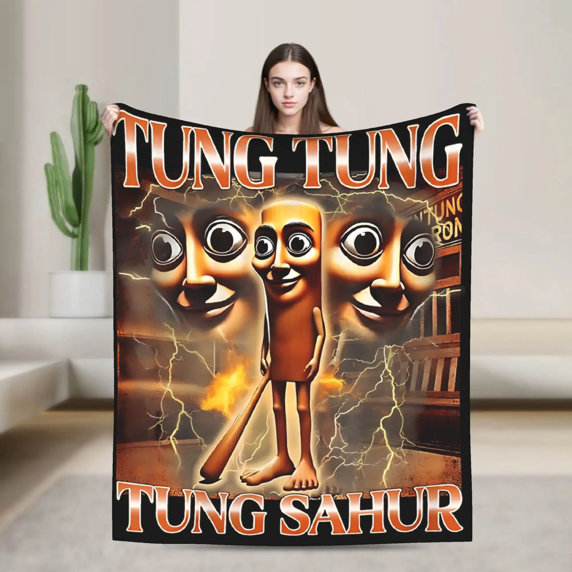 Tung Sahur Is Calling Funny Fishing Brainrot Meme Blanket Warm Plush Throw Blanket For Students Bed Flannel Bedspread Bed Cover
