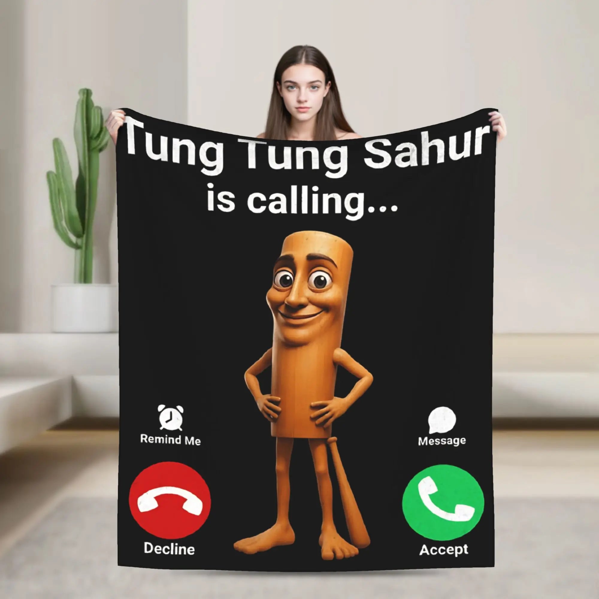 Tung Sahur Is Calling Funny Fishing Brainrot Meme Blanket Warm Plush Throw Blanket For Students Bed Flannel Bedspread Bed Cover