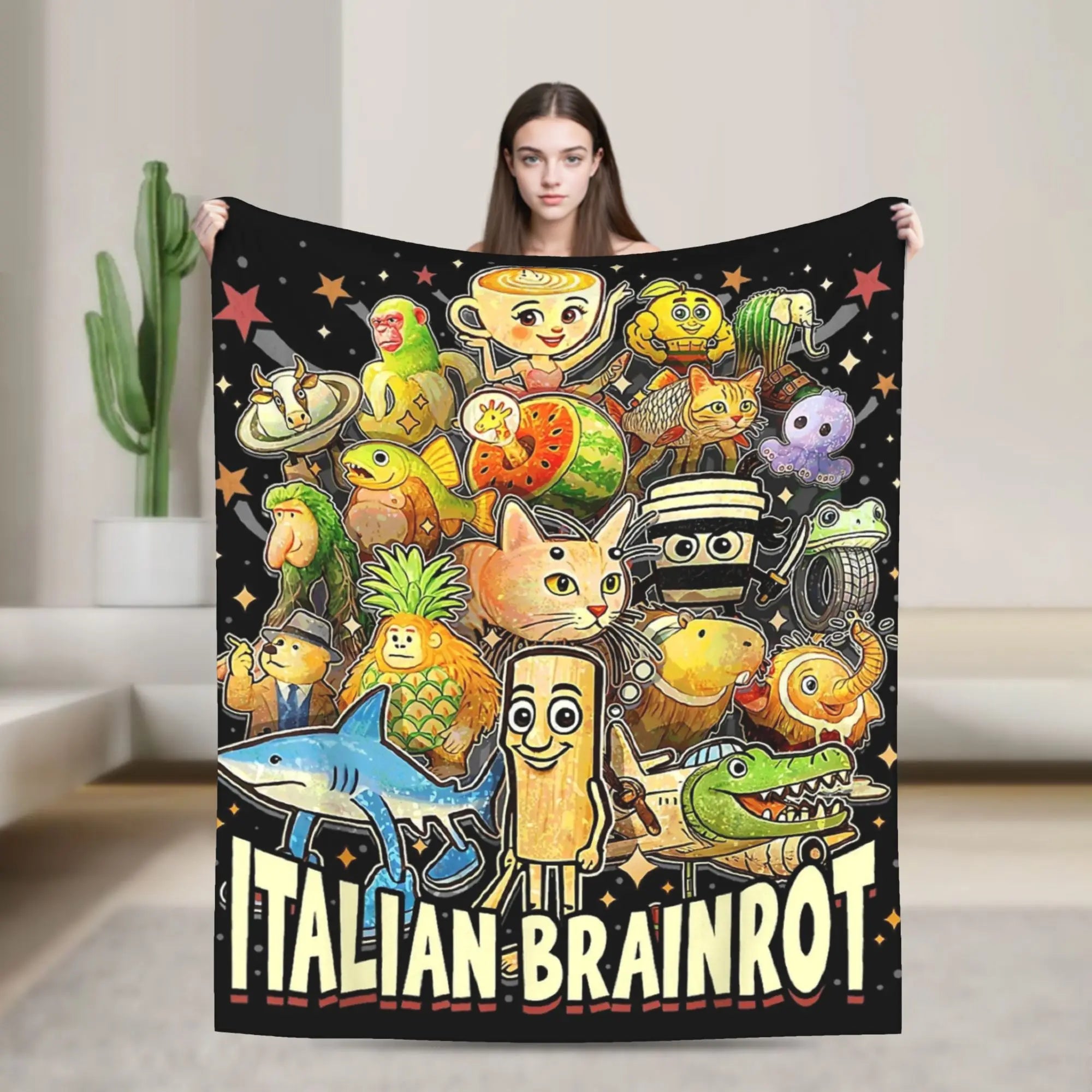 Italian Brainrot Meme Characters Design Blanket  Fuzzy Funny Breathable Throw Blanket for Bed Sofa Textile Decor
