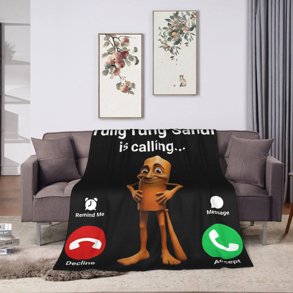 Tung Sahur Is Calling Funny Fishing Brainrot Meme Blanket Warm Plush Throw Blanket For Students Bed Flannel Bedspread Bed Cover