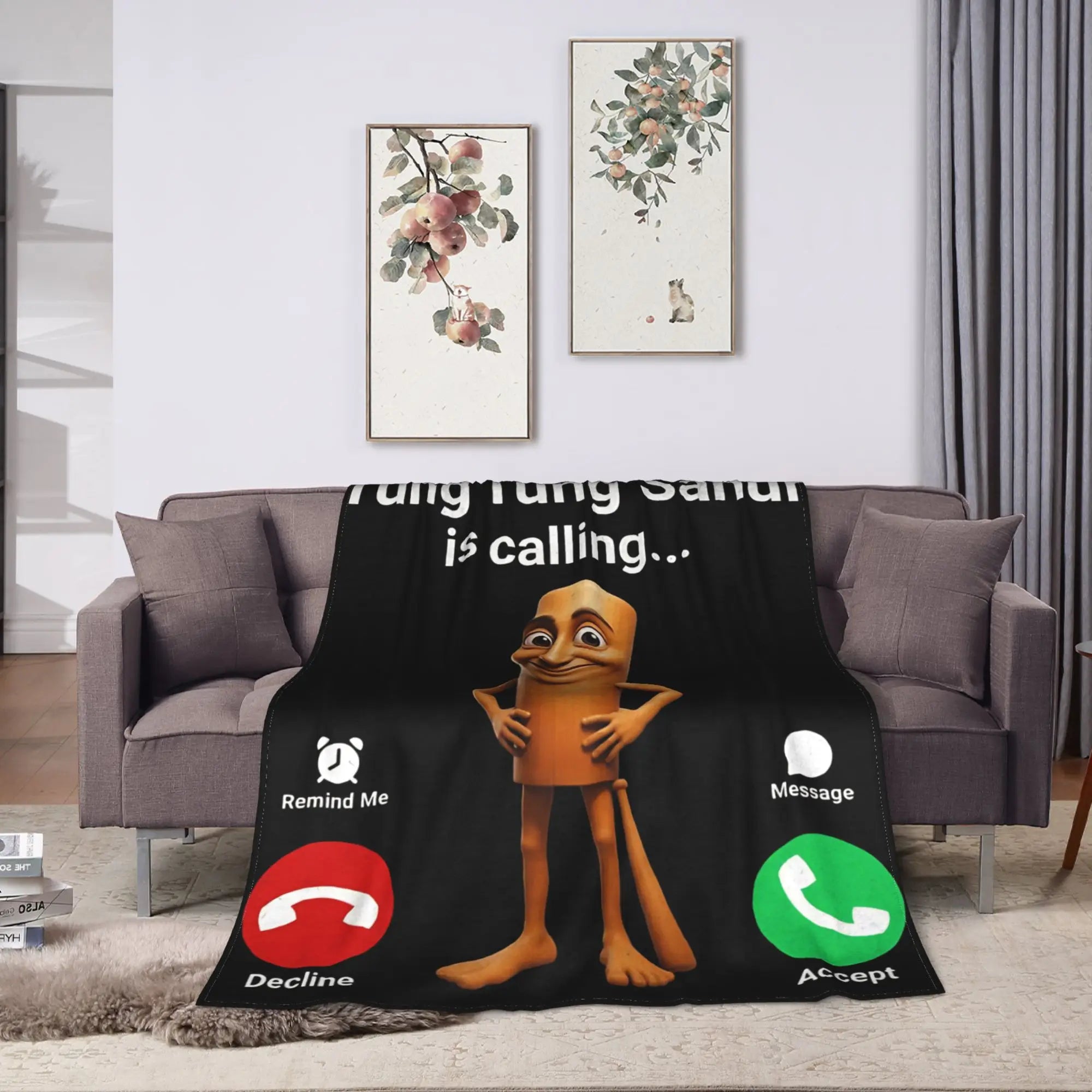 Tung Sahur Is Calling Funny Fishing Brainrot Meme Blanket Warm Plush Throw Blanket For Students Bed Flannel Bedspread Bed Cover
