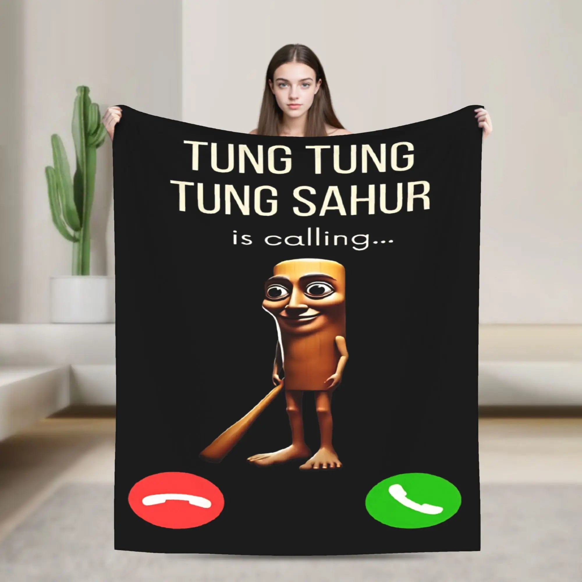 Tung Sahur Is Calling Funny Fishing Brainrot Meme Blanket Warm Plush Throw Blanket For Students Bed Flannel Bedspread Bed Cover