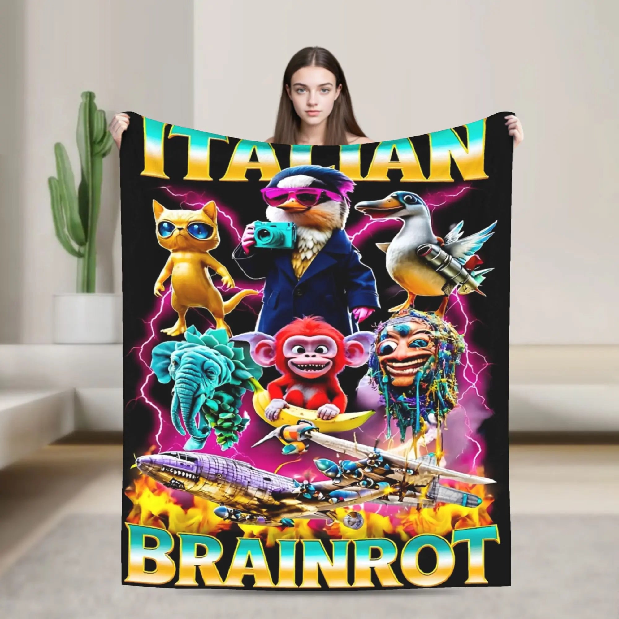 Italian Brainrot Meme Characters Design Blanket  Fuzzy Funny Breathable Throw Blanket for Bed Sofa Textile Decor