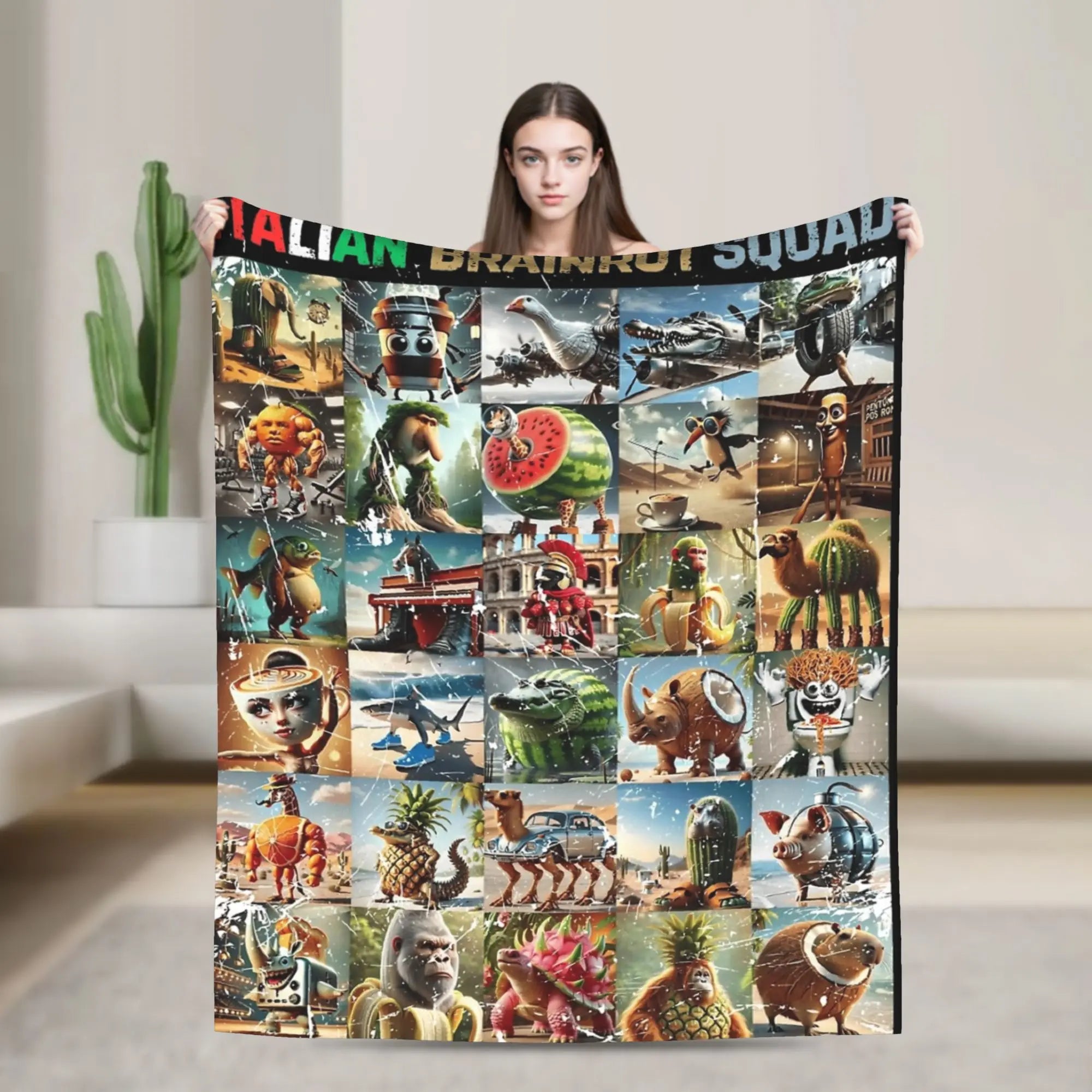 Italian Brainrot Meme Characters Design Blanket  Fuzzy Funny Breathable Throw Blanket for Bed Sofa Textile Decor